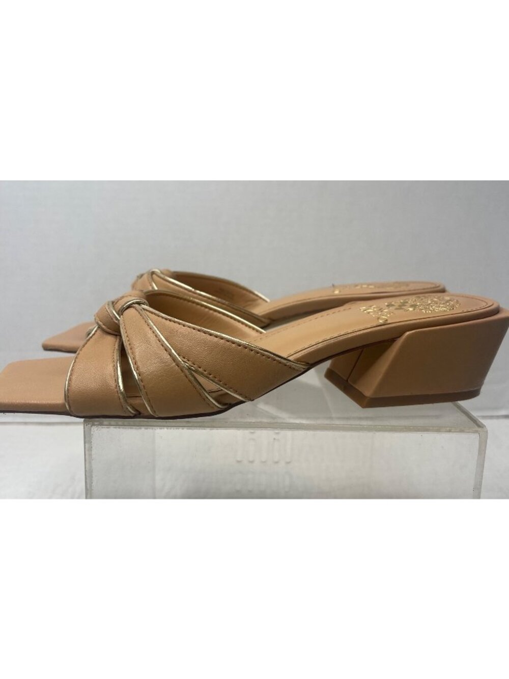 Vince Camuto Leather Block Heel Selaries Slide Sandals7M Beige/Walnut - Picture 2 of 8